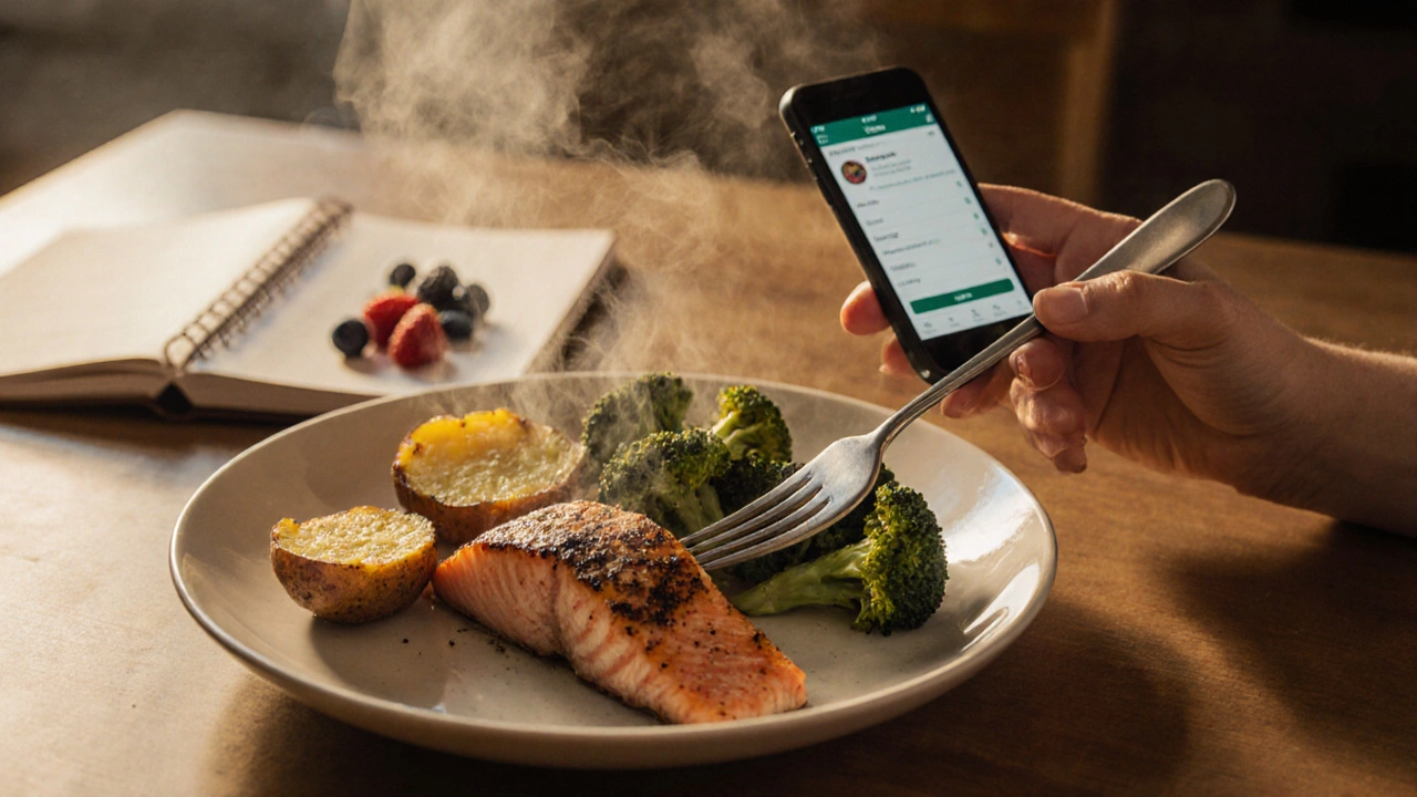 Человек ест сбалансированный ужин с лососем, сладким картофелем и ягодами