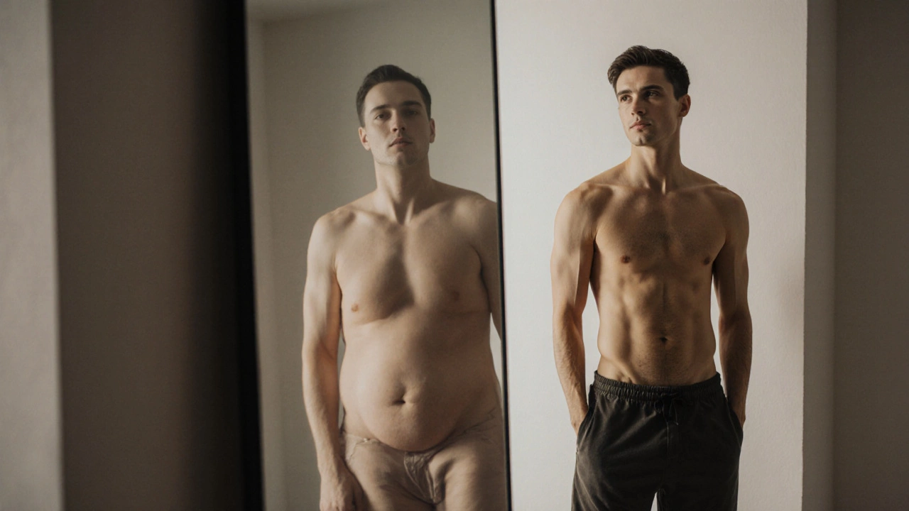 Человек в зеркале: сильное тело рядом с тусклым силуэтом, показывающий контраст здорового и худого телосложения
