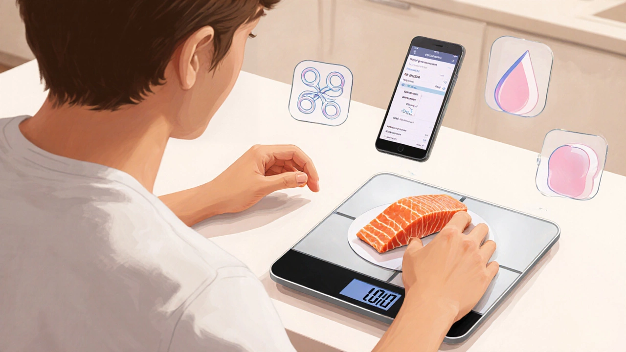 Человек взвешивает пищу на кухонных весах, рядом плавают иконки макронутриентов.