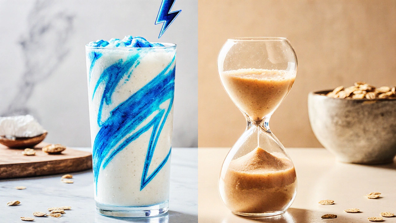 Два протеиновых коктейля: сывороточный с электро‑мотивом, казеиновый с hourglass‑символом, на кухонной столешнице.