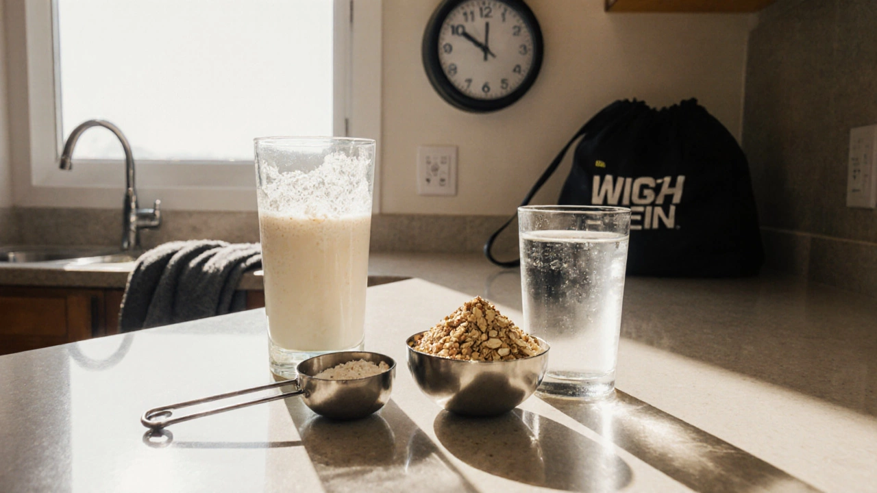 На кухонном столе измерительные ложки, шейк из гейнера с молоком и шейк из сыворотки в воде.