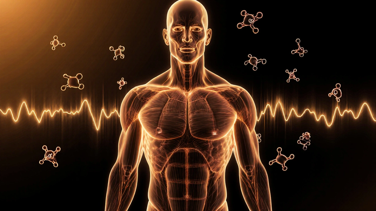 Прозрачное тело с светящимися мышцами и молекулами аминокислот, символизирующее эффект белка