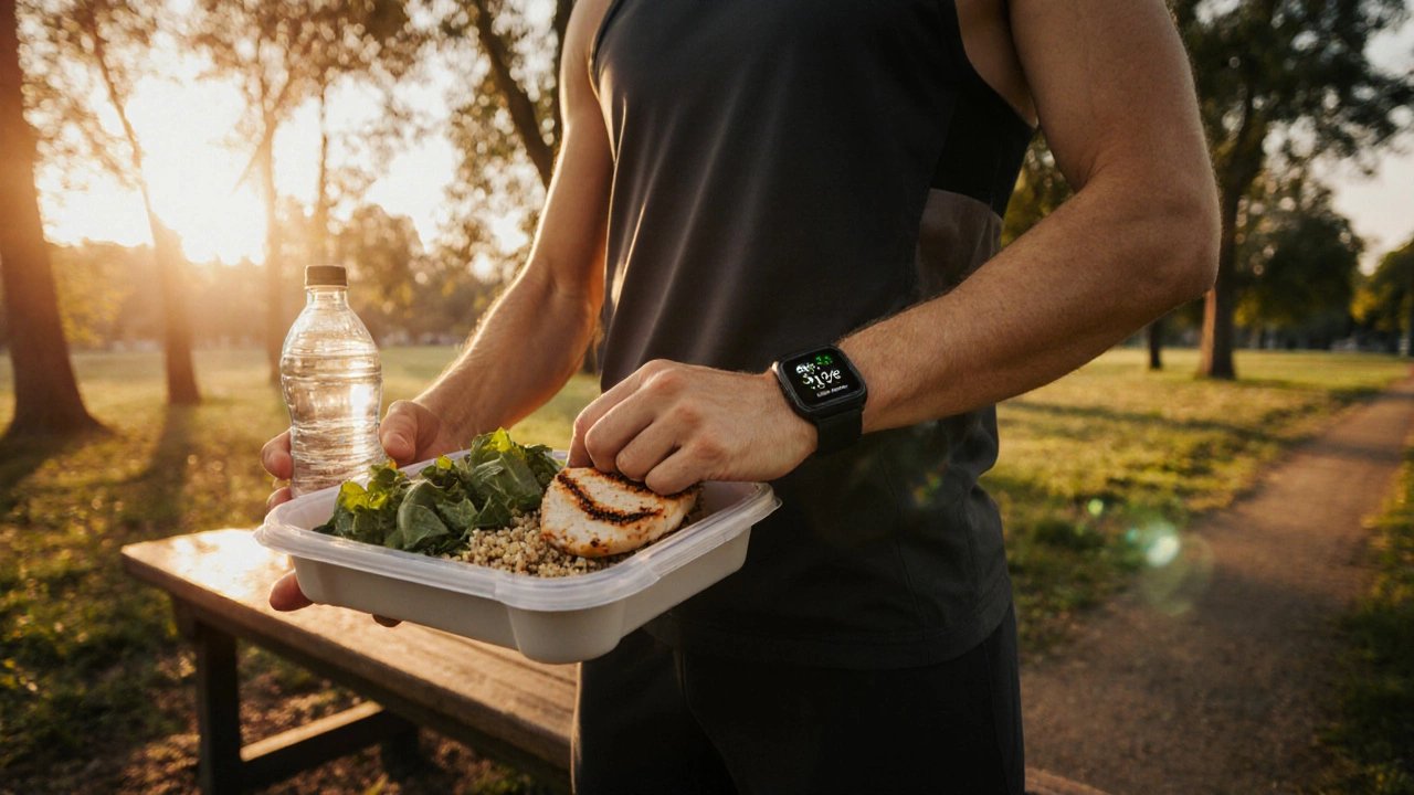 Спортсмен проверяет smartwatch и держит сбалансированный обед на скамейке в парке.