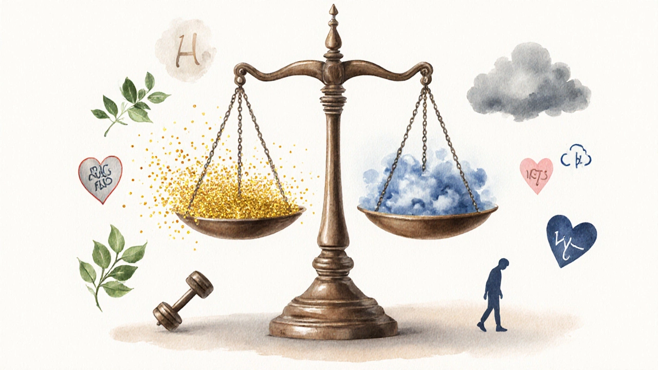 Водяная живопись с весами, символизирующими плюсы (мышцы, энергия) и минусы (усталость) диеты 1500 ккал.