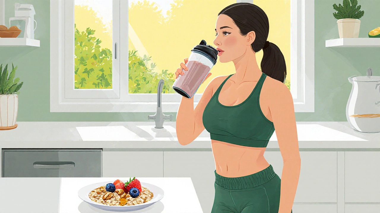Женщина пьёт протеиновый коктейль, рядом — овсянка с ягодами и орехами в солнечной кухне.