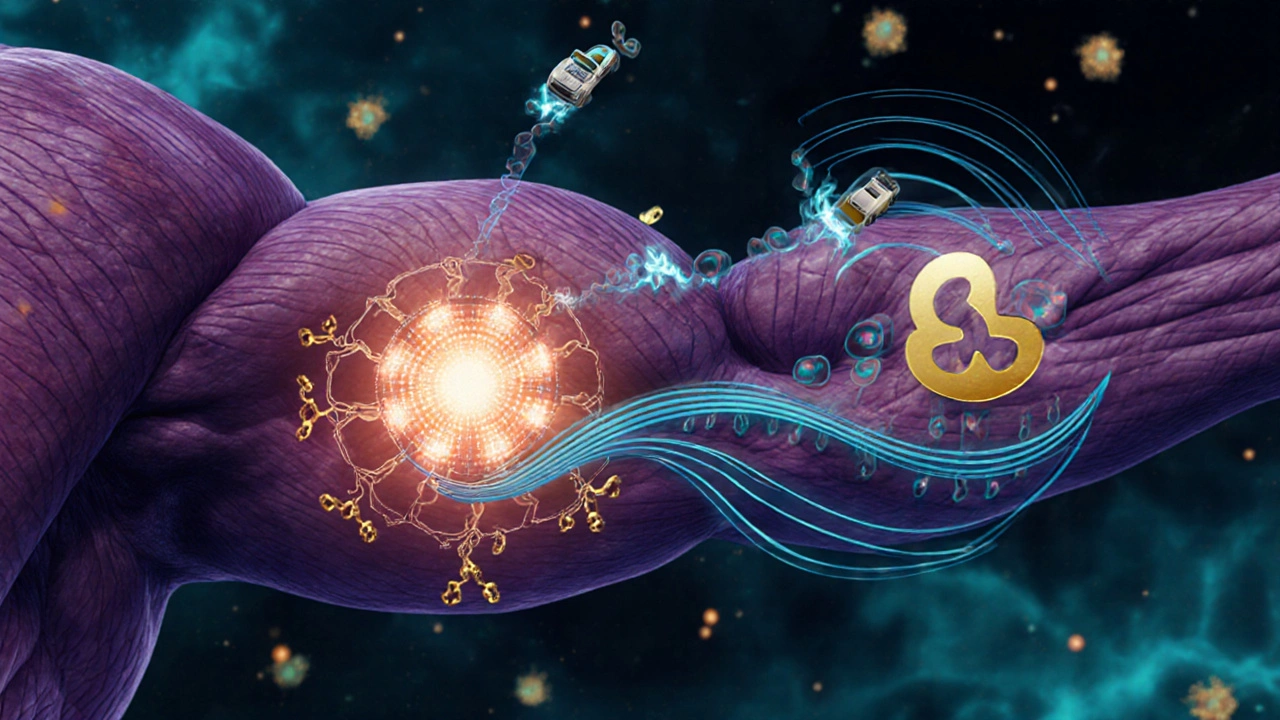 Абстрактное изображение клетки, где L-карнитин транспортирует жиры в митохондрии, а омега-3 снижает воспаление.