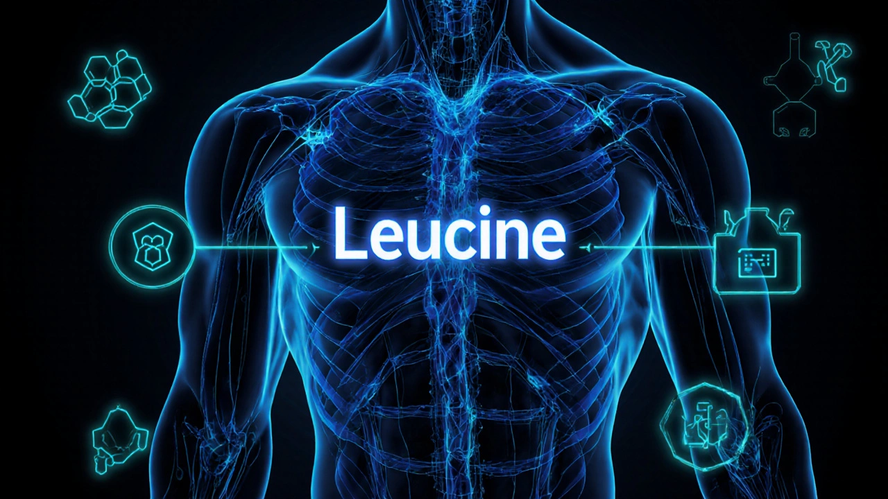 Абстрактное изображение мышечных волокон с потоками аминокислот, активирующих рост мышц через биохимические пути.