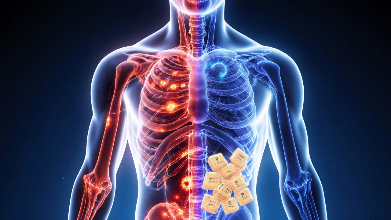 Абстрактное изображение внутренних процессов организма при белковой диете: стабильная энергия и мышечное восстановление вместо скачков сахара.