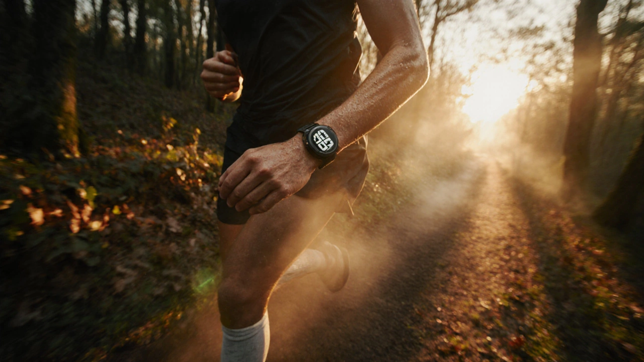 Человек бежит по лесной тропе на рассвете, наручные часы показывают 40 минут тренировки, солнечный свет проникает сквозь деревья.