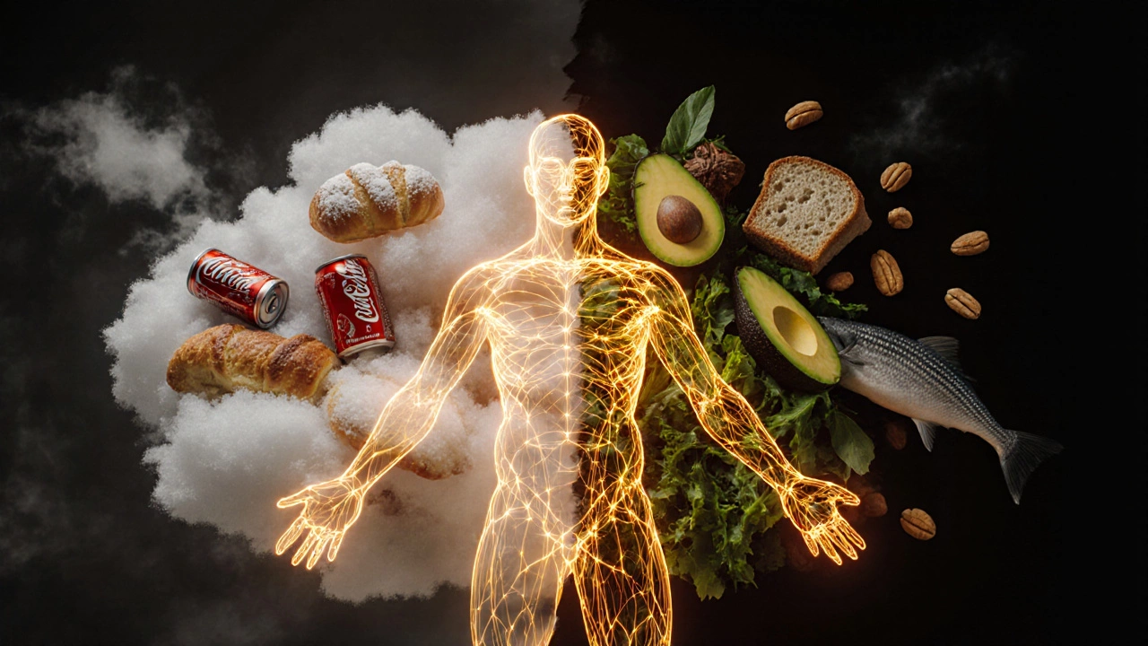 Человек из светящихся линий между вредной и полезной едой