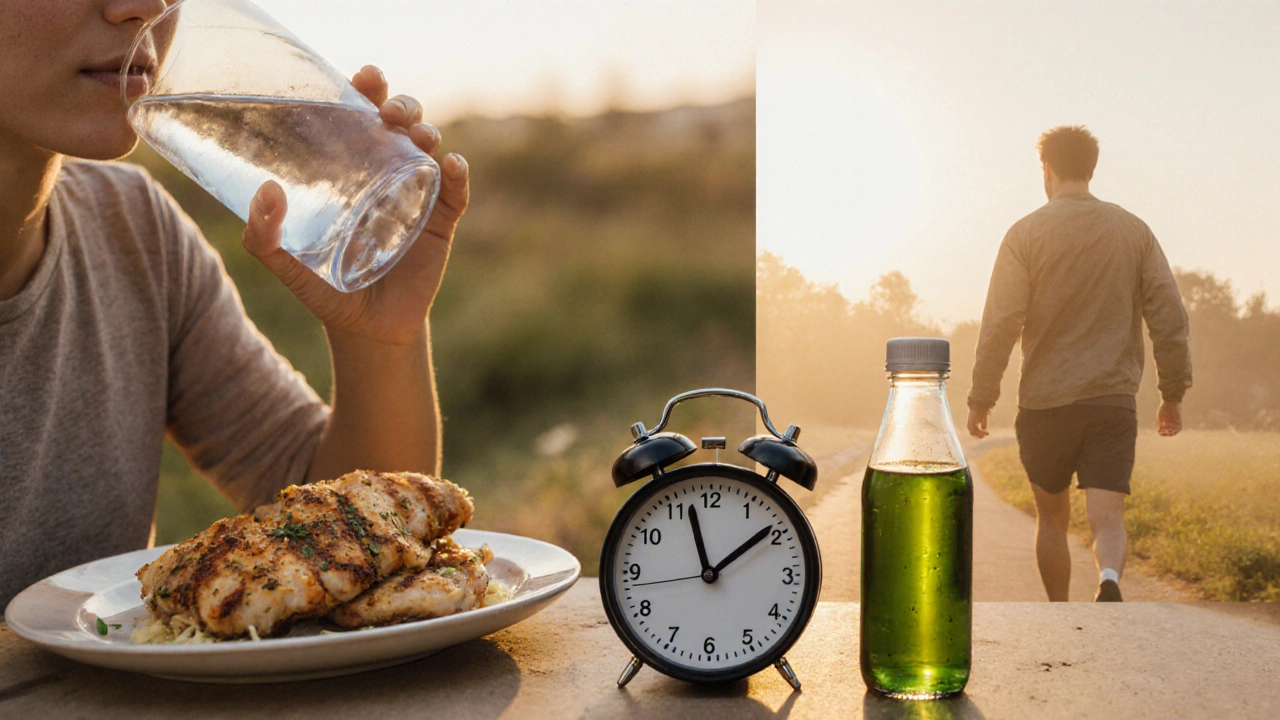 Человек пьёт воду, ест курицу и гуляет на рассвете — спокойная сцена здорового образа жизни без диет и таблеток.