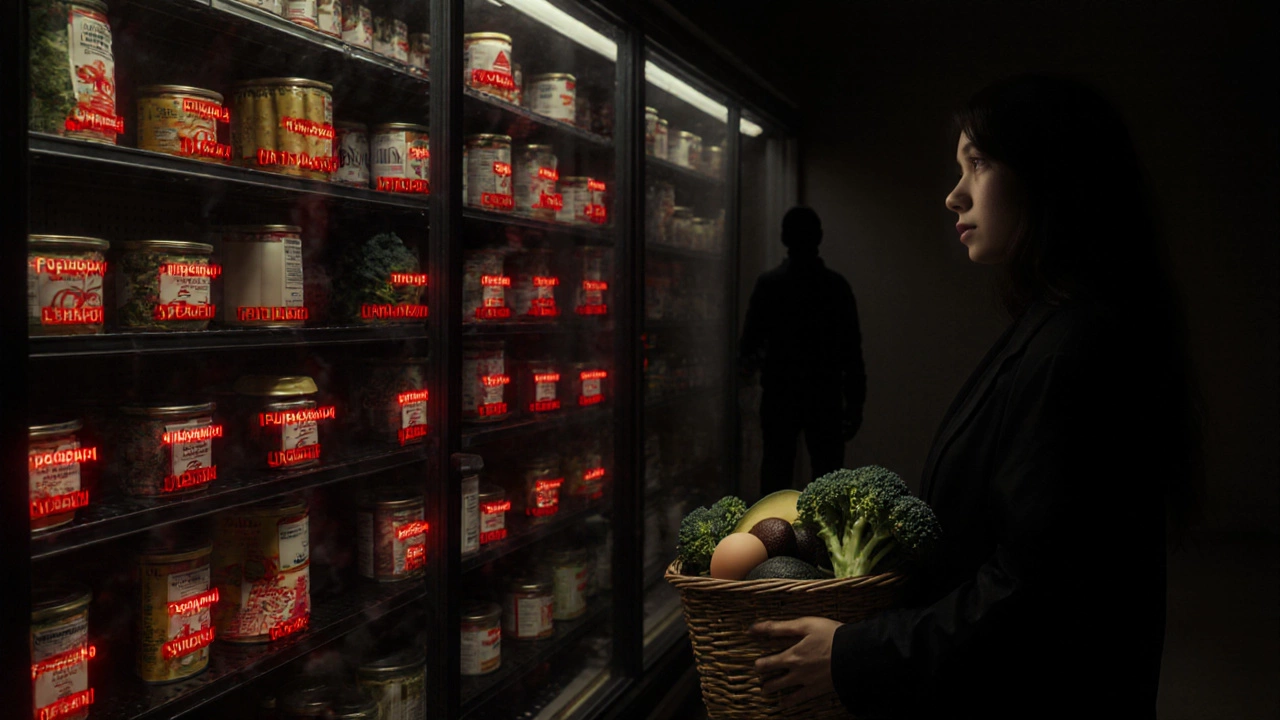 Человек перед полками с продуктами, помеченными как &#039;диетические&#039;, но с красными предупреждениями, позади — натуральные продукты.