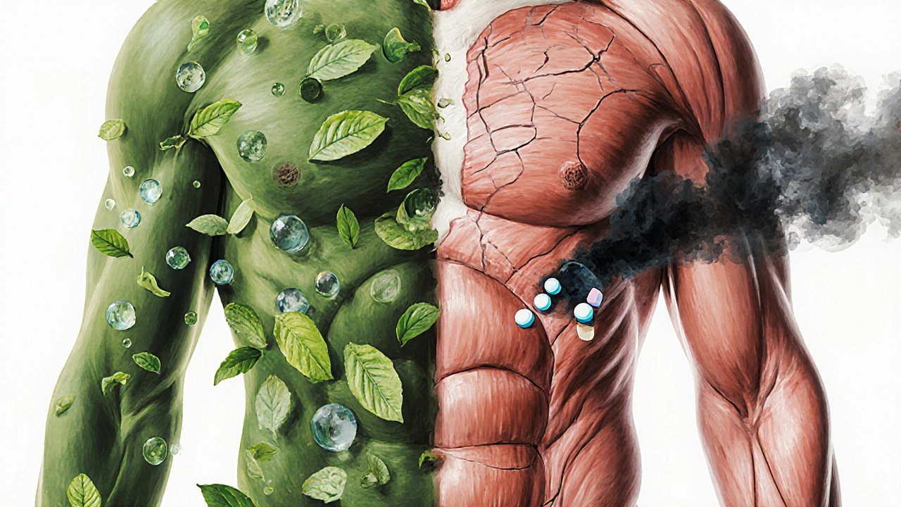 Два состояния тела: одно — здоровое похудение с природными элементами, другое — разрушение от быстрой потери веса с токсичным дымом.