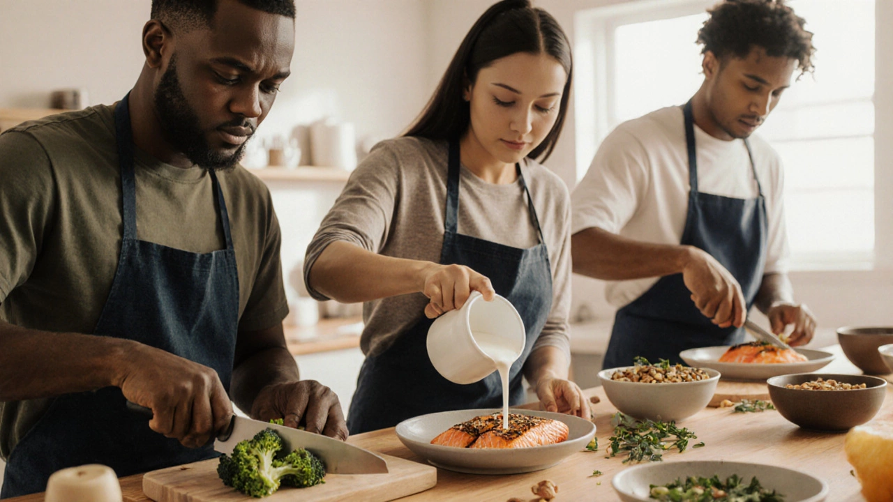 Группа людей готовит белковые блюда на кухне: лосось, творог, брокколи, орехи — атмосфера спокойного, здорового питания.