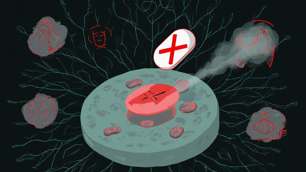 Клетка с митохондриями, жир не попадает внутрь, рядом бесполезная таблетка L-карнитина и символы вреда.