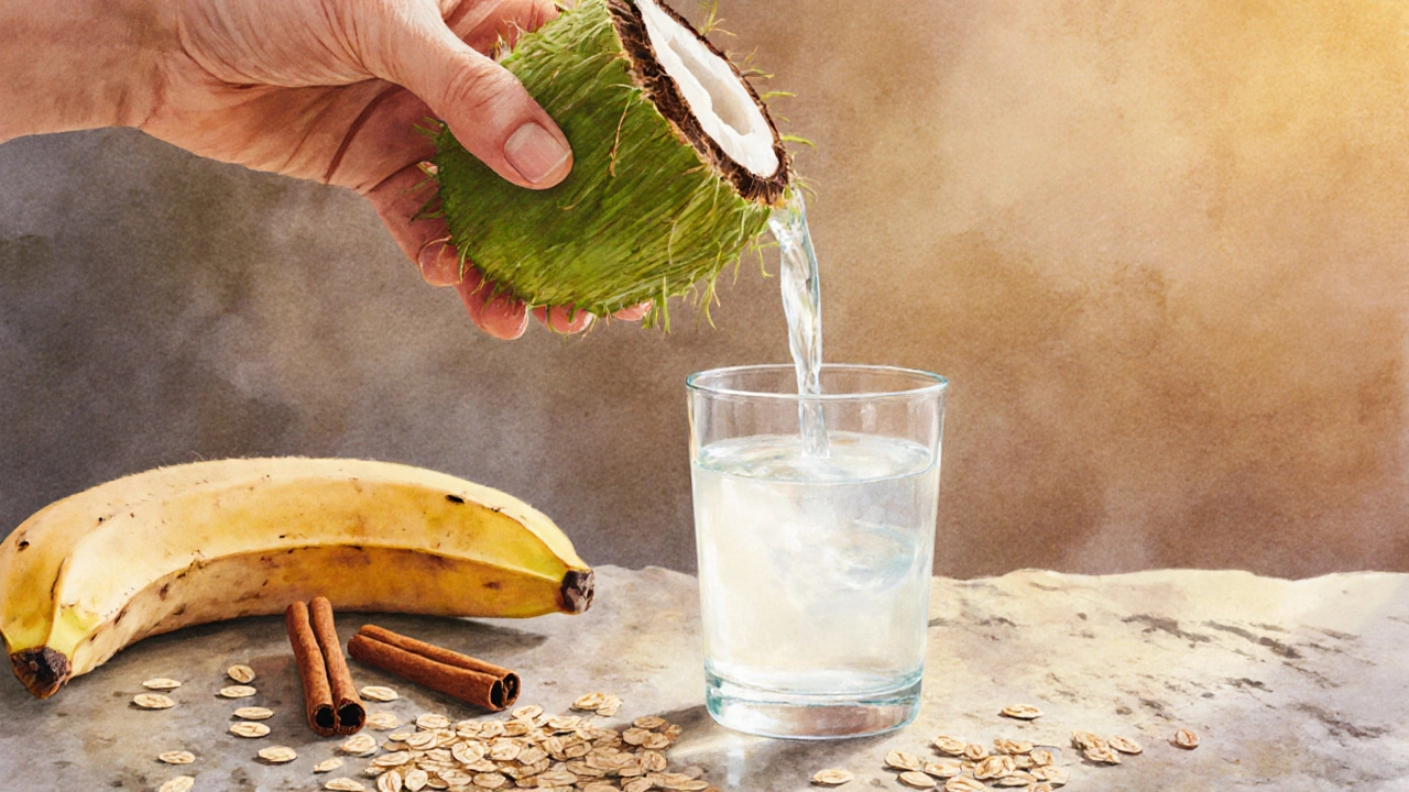 Натуральная кокосовая вода с бананом и овсянкой на каменной стойке