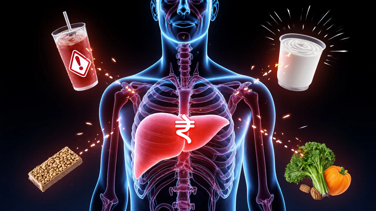 Прозрачное тело с жиром в печени и всплесками инсулина от сладких продуктов, фон — чистая еда.