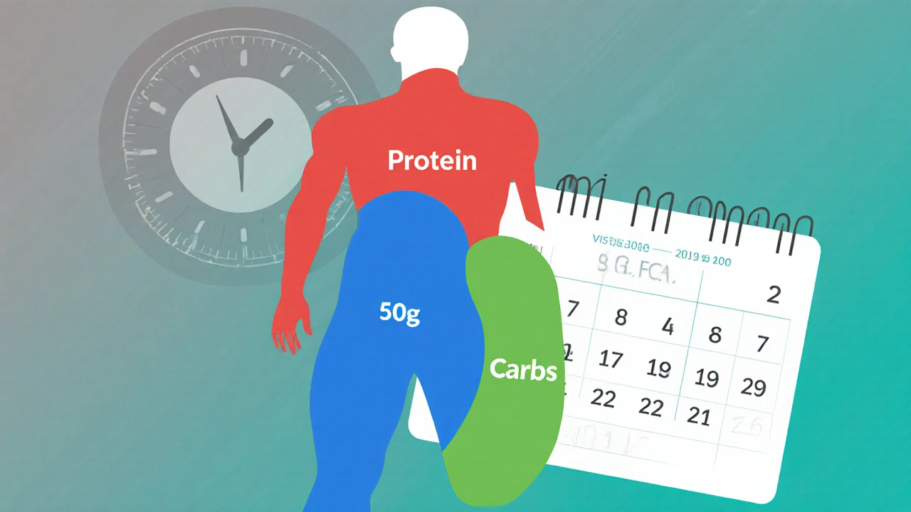 Силуэт человека с цветными зонами белков, жиров и углеводов, над календарем с семьей днями и цифрой 7700 ккал.