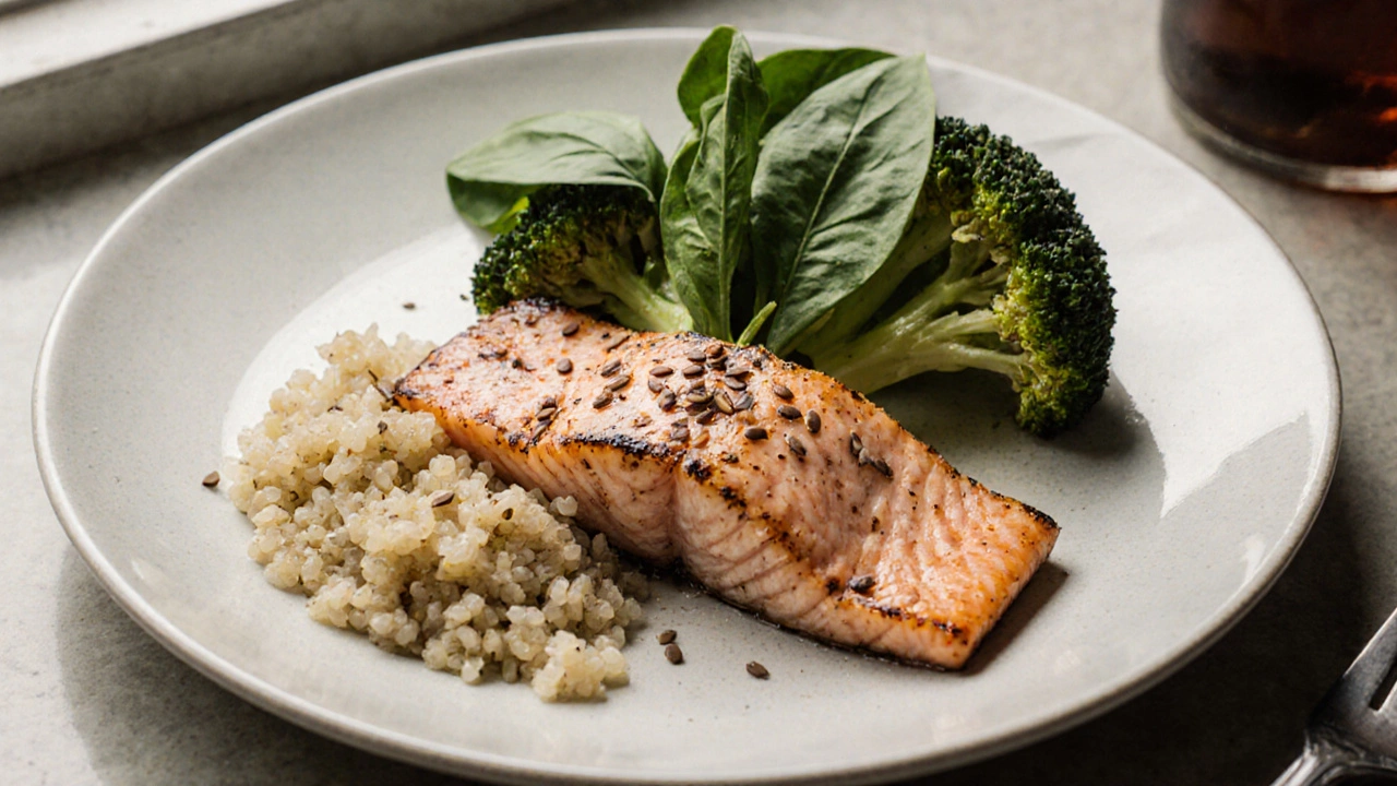 Тарелка с лососем, брокколи и киноа на естественном свету