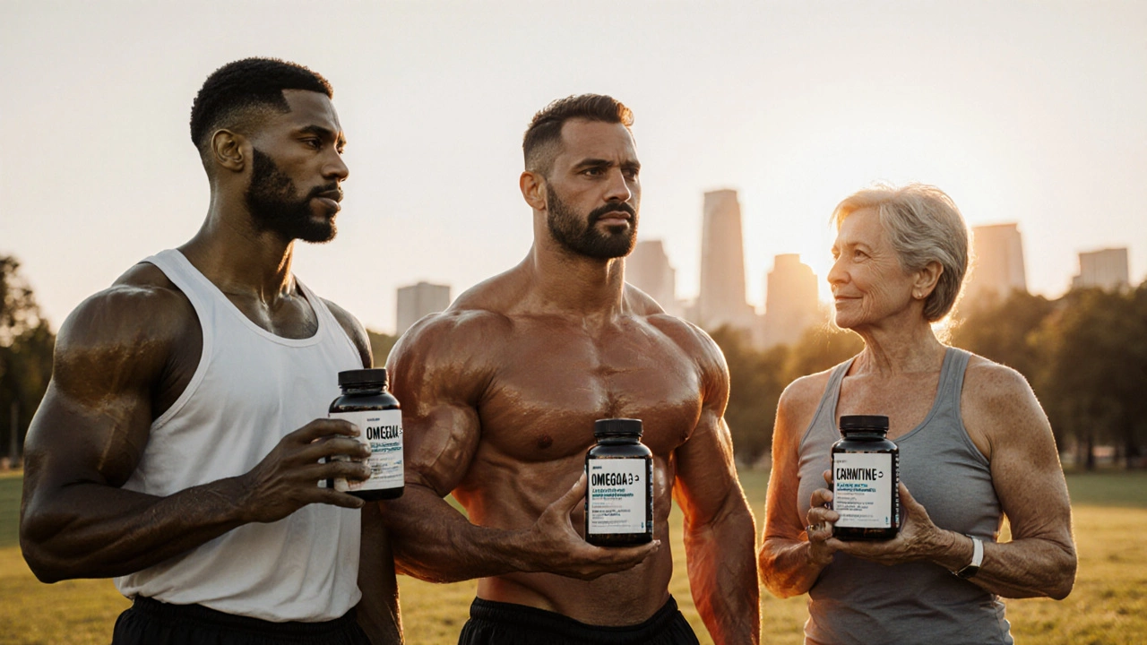 Трое людей после тренировки в парке держат бутылочки с омега-3 и L-карнитином на рассвете.