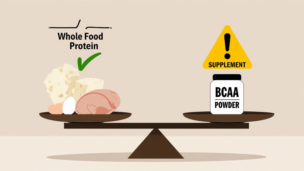 Весы с едой на одной стороне и BCAA на другой, символизирующие сравнение натурального белка и добавок.