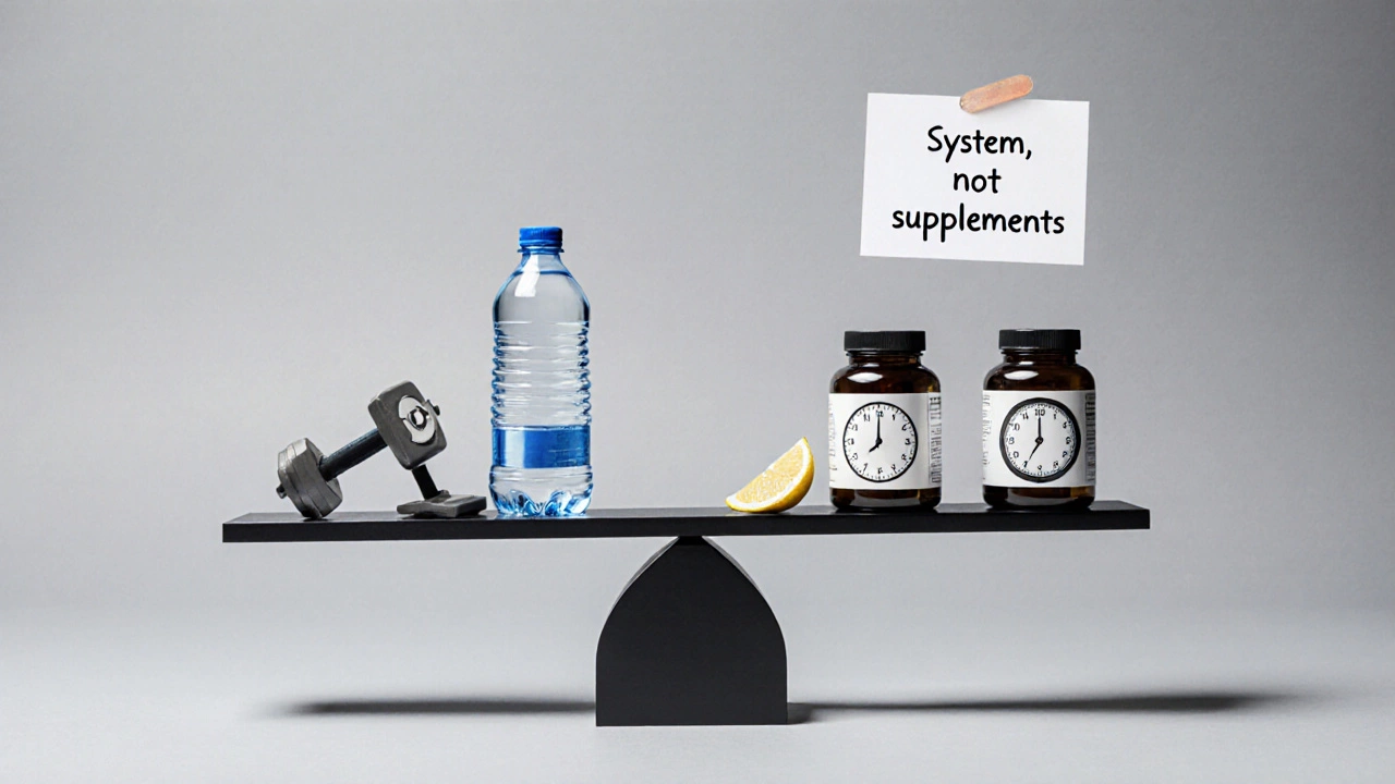 Весы с символами здорового образа жизни, добавки едва влияют на баланс.