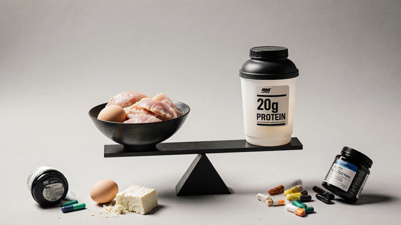 Весы сравнивают натуральные продукты с протеиновым коктейлем как дополнение.