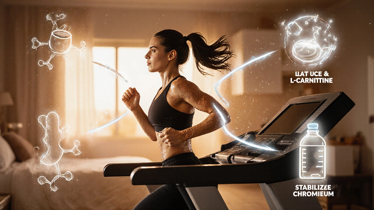 Женщина бежит на беговой дорожке, вокруг неё — символы энергии и метаболизма.