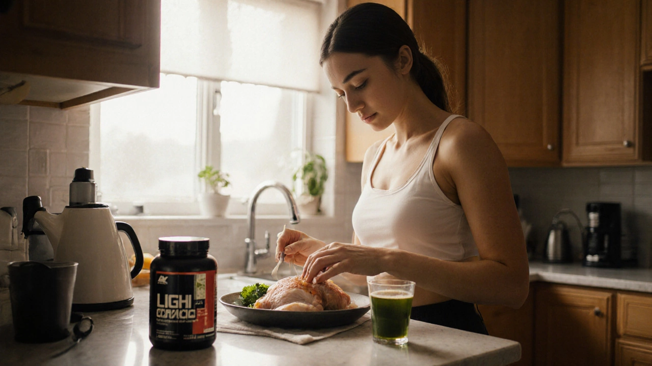 Женщина готовит белковую еду, L-карнитин выброшен, на столе кофе и зеленый чай, утренний свет.