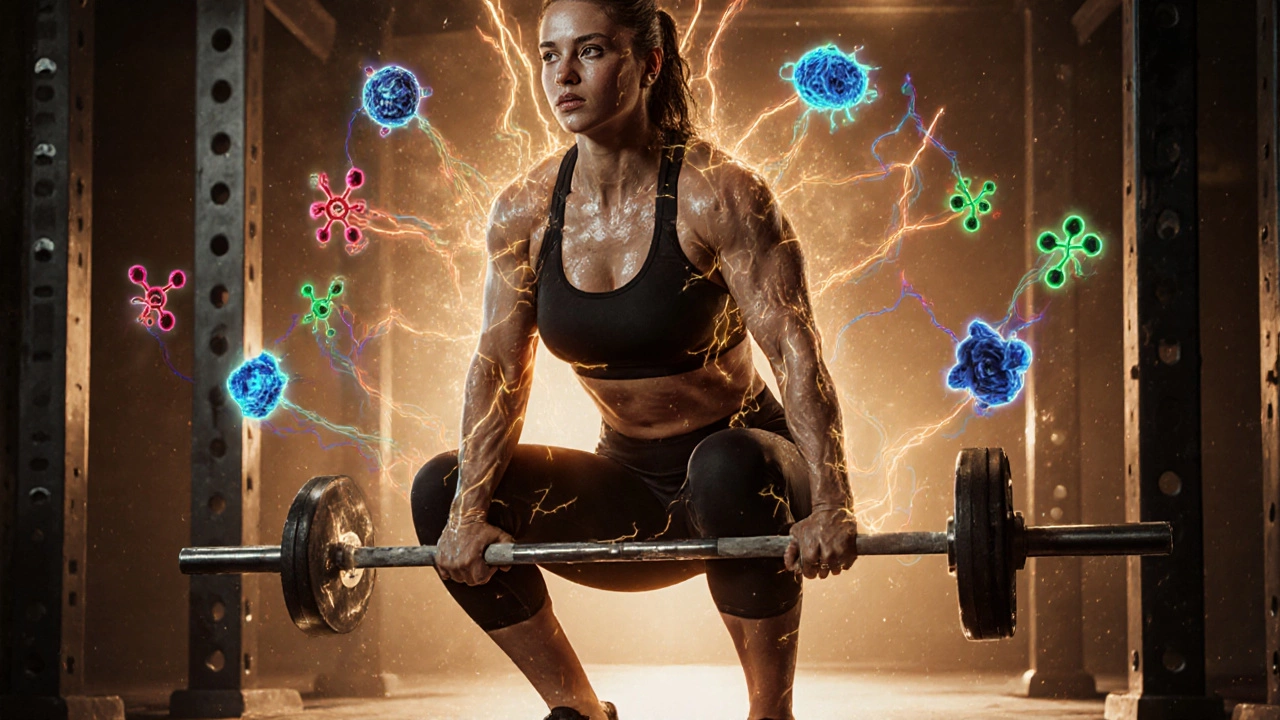 Женщина выполняет приседания с отягощением, вокруг неё — энергия роста мышц.