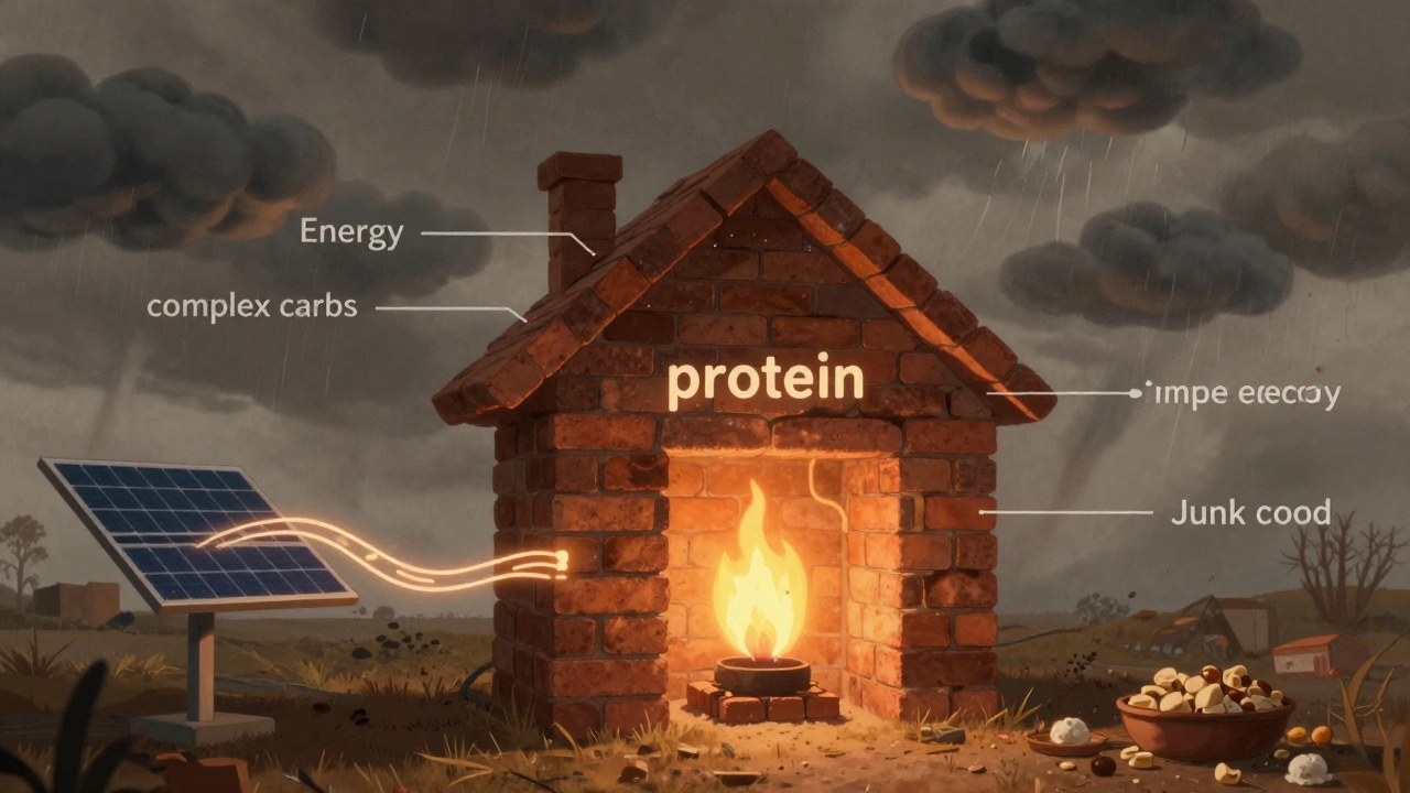 Абстрактное изображение тела как дома, построенного из белка с потоком углеводов