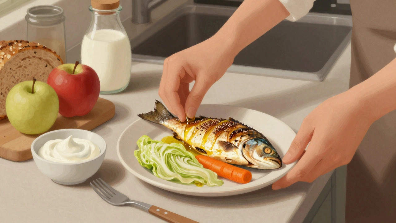 Человек готовит ужин: запеченная рыба с тушеной капустой, оливковое масло и сметана на тарелке, рядом лежат яблоко и йогурт.