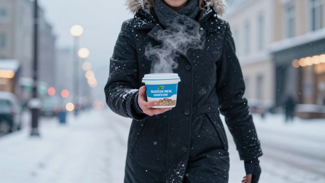 Человек идет по зимней улице в России с контейнером здоровой пищи под снегом.