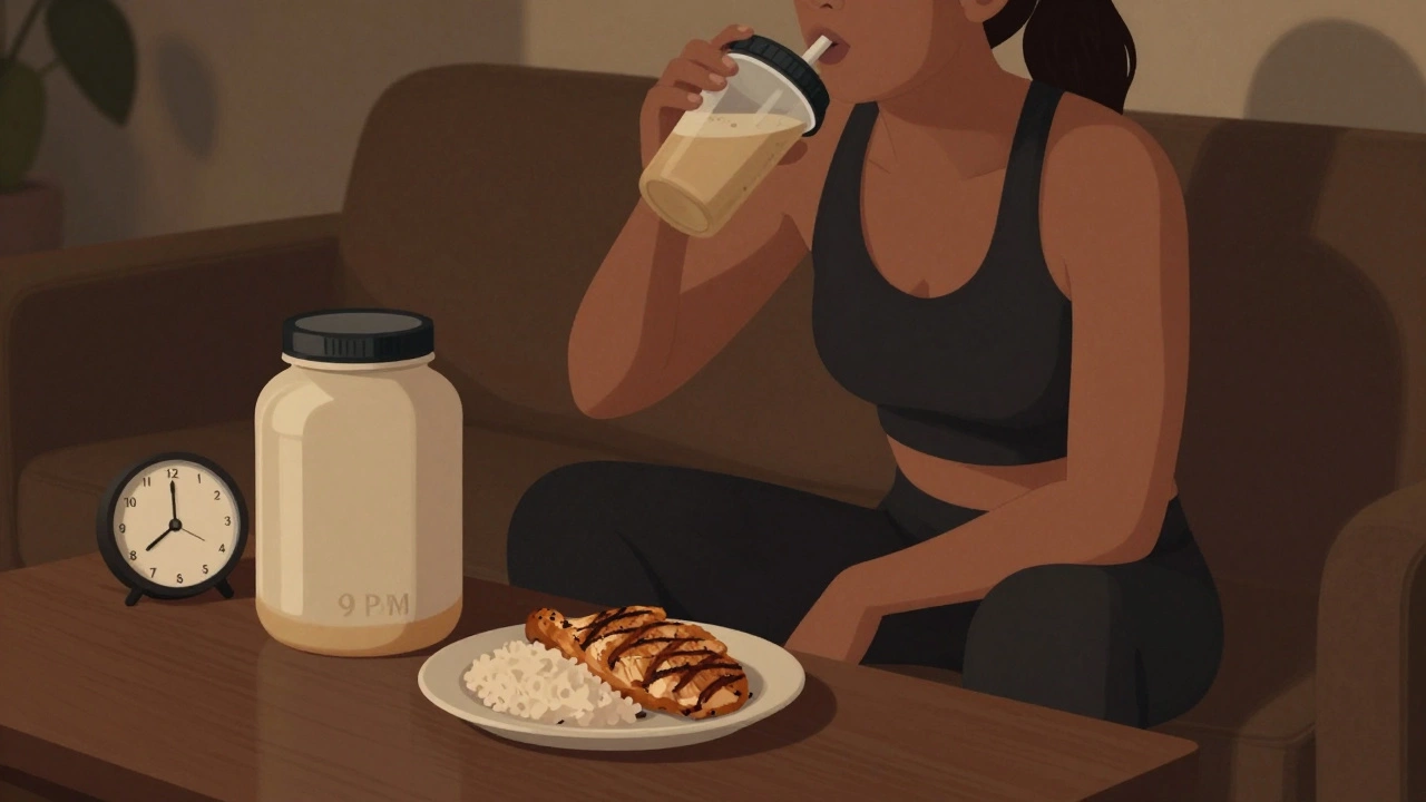 Человек пьёт протеин после тренировки вечером, рядом — полноценный ужин из курицы и риса.