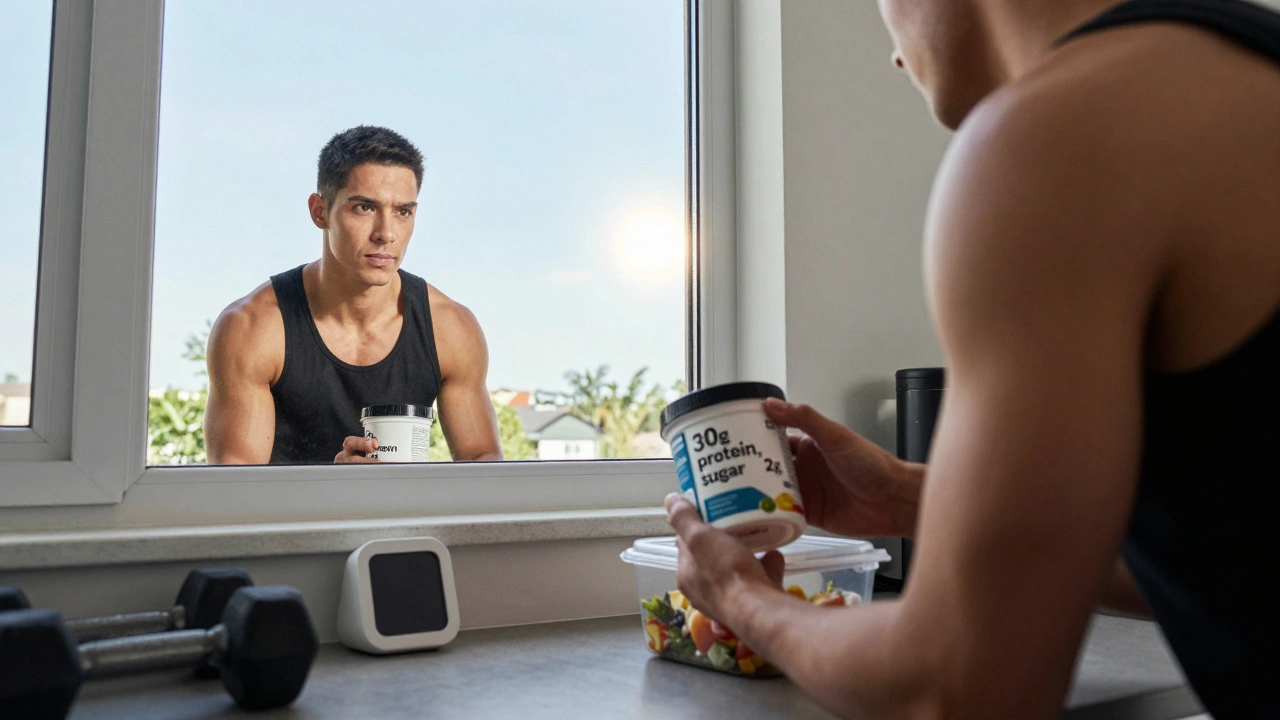 Человек смотрит в зеркало в кухне, рядом — протеин, гантели и таймер, намёк на 6 недель регулярного приёма.