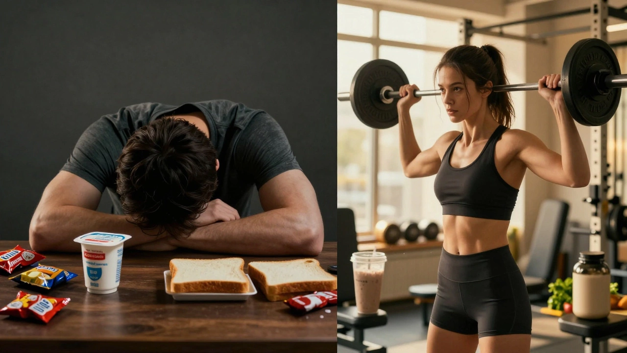 Контраст: уставший человек с сладостями и энергичный человек в тренажерном зале