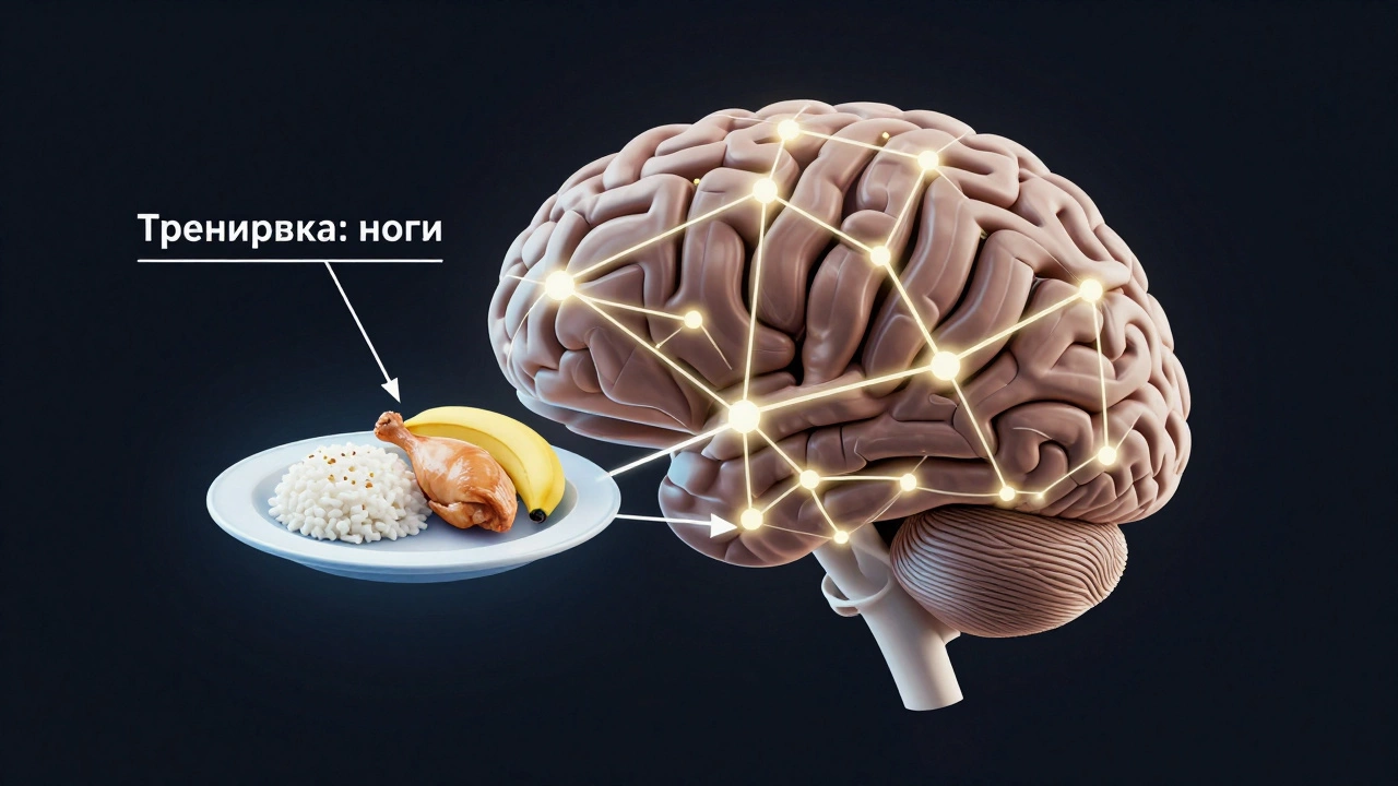 Мозг с нейронами, соединенными с тарелкой еды, символизирующий адаптацию питания под тренировки.