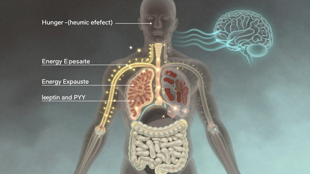 Схема метаболизма: белок усиливает расход энергии и подавляет аппетит через гормоны.