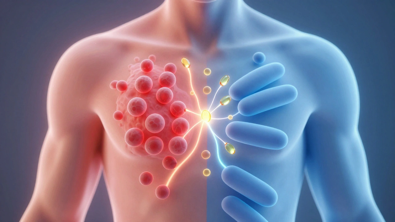 Схема тела: воспаление слева, омега-3 снижают его справа