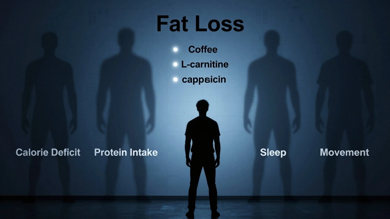 Силуэт человека перед диаграммой потери жира, три маленьких светящихся элемента и большие тени основных факторов.