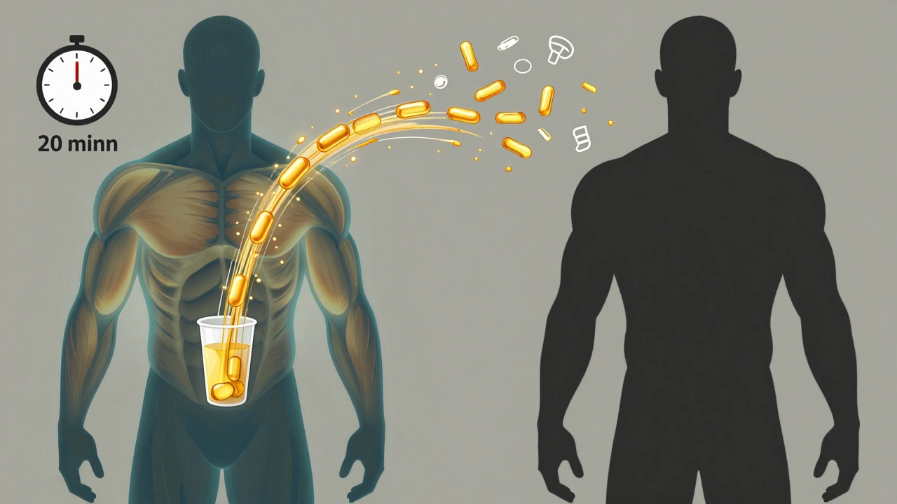 Силуэт человека с потоками аминокислот, направляющихся к мышцам, в то время как лишние молекулы уходят в жир.