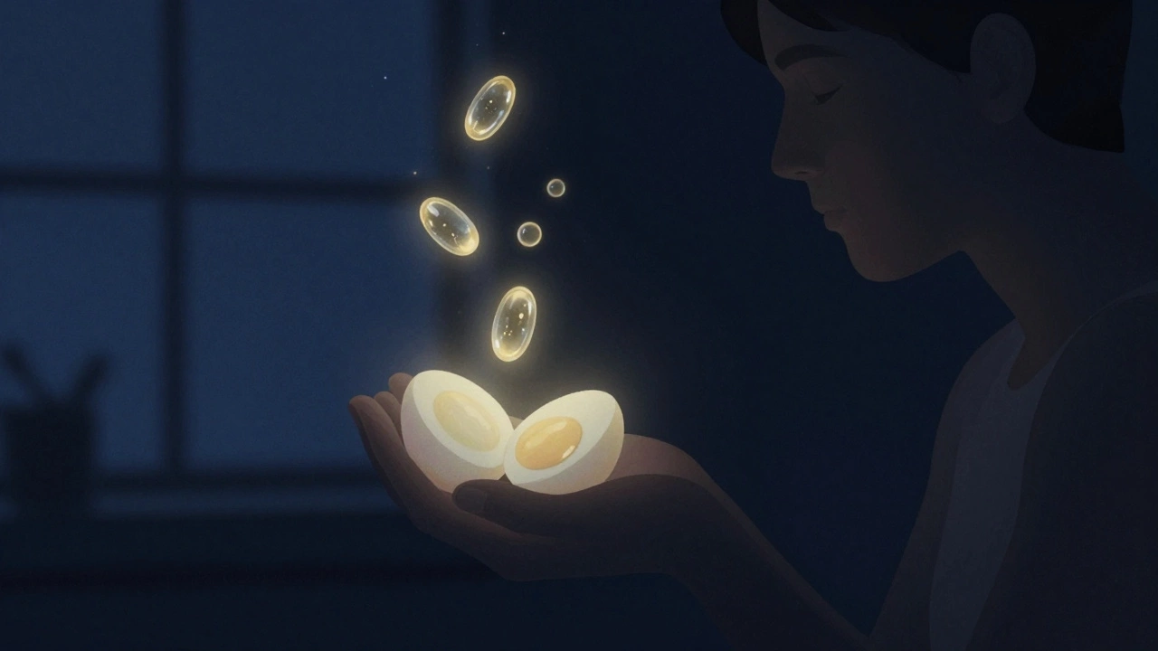 Силуэт человека в ночи, из яиц поднимаются молекулы аминокислот и мелатонина