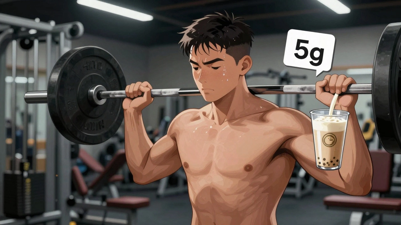 Спортсмен поднимает штангу, рядом — протеиновый коктейль с креатином после тренировки.