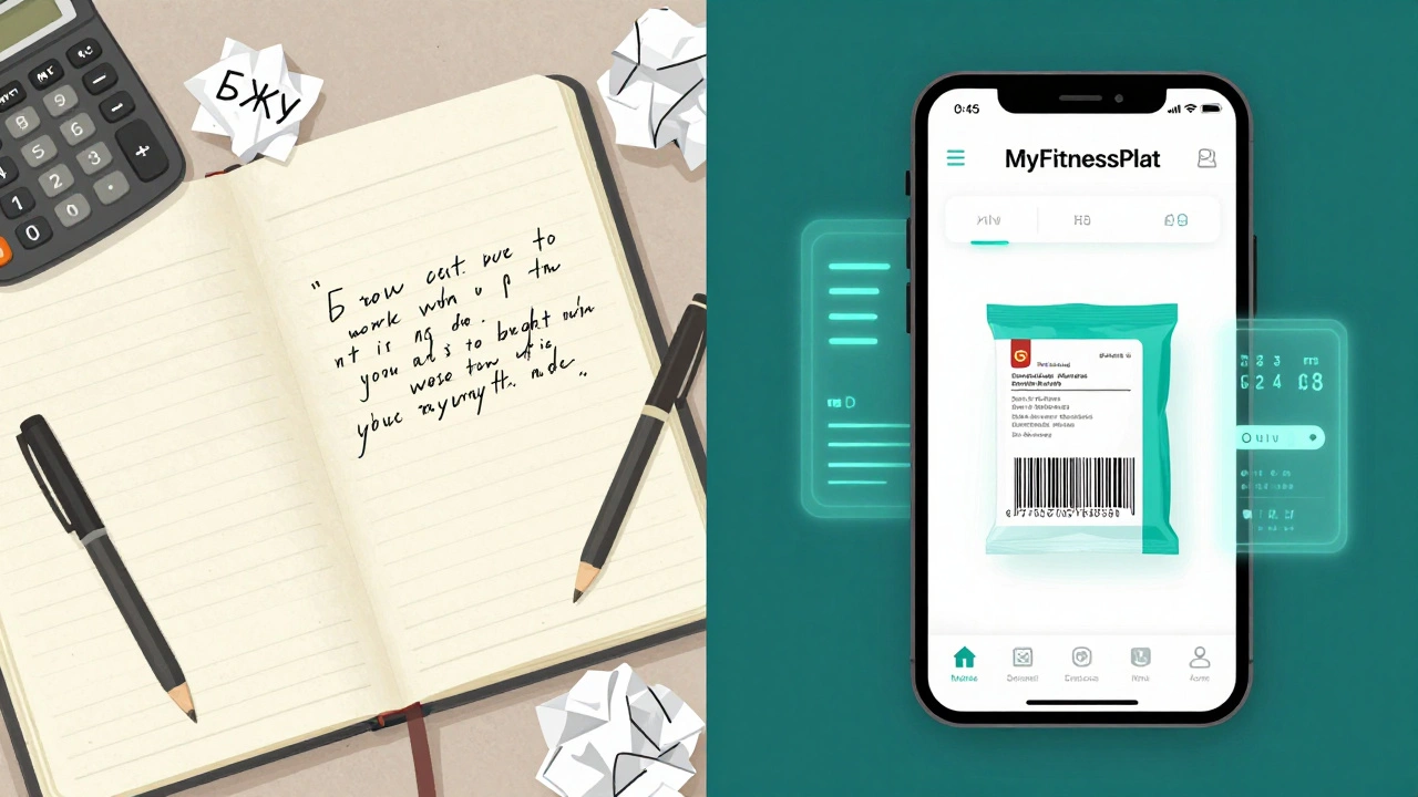Сравнение: хаотичная тетрадь с подсчетами БЖУ слева и сканирование штрих-кода на телефоне справа.