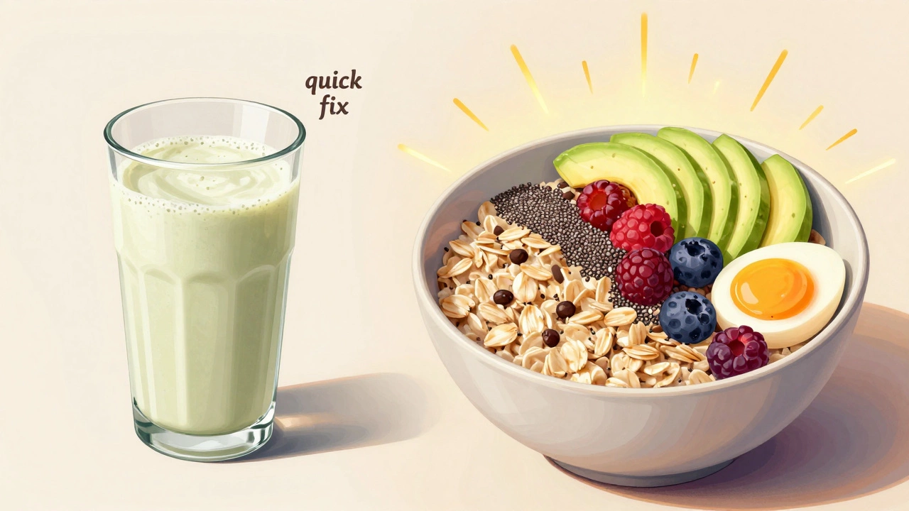 Сравнение: простой протеиновый коктейль и насыщенный завтрак с овсянкой, авокадо и ягодами.