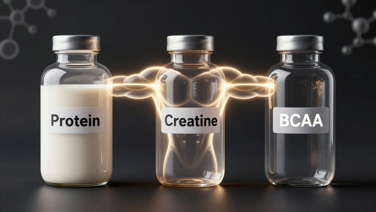 Три флакона с добавками: протеин и креатин соединены светом, BCAA отдельно — символ эффективности.