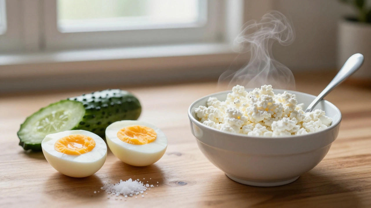 Вареные яйца с огурцом и творог рядом на деревянной поверхности