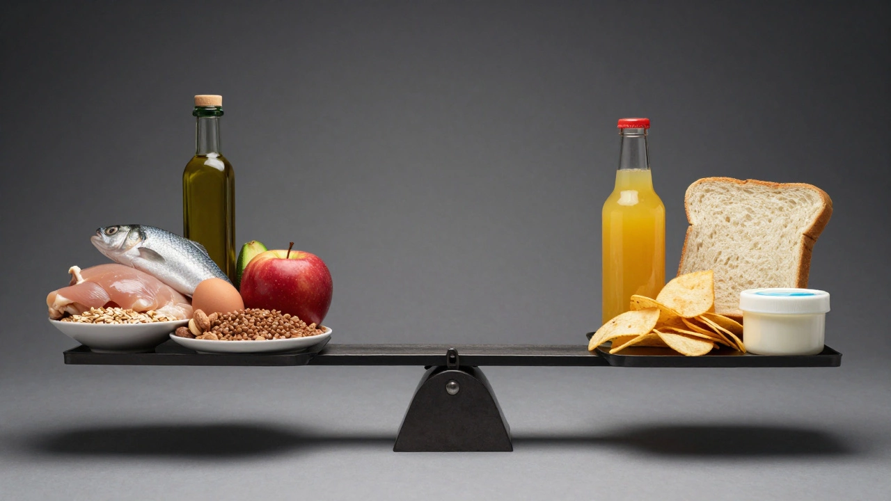 Весы: с одной стороны — полезные продукты, с другой — вредные, которые падают, символизируя правильный выбор питания.