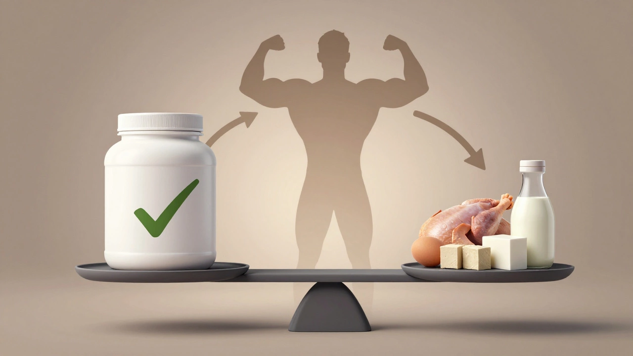 Весы с протеином и натуральными продуктами, символизирующие баланс между добавкой и едой.