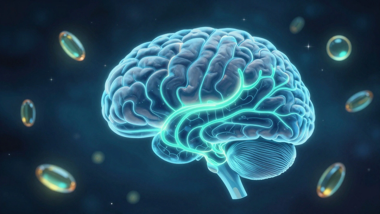 Человеческий мозг с светящимися нейронами, символизирующими улучшение настроения и сна.